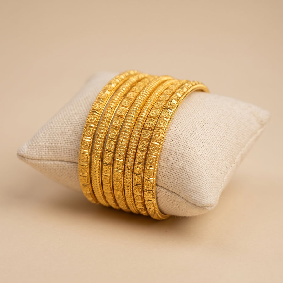 Royal Gold-Plated Embossed Pattern Bangle Set for Women (Pack of 6)