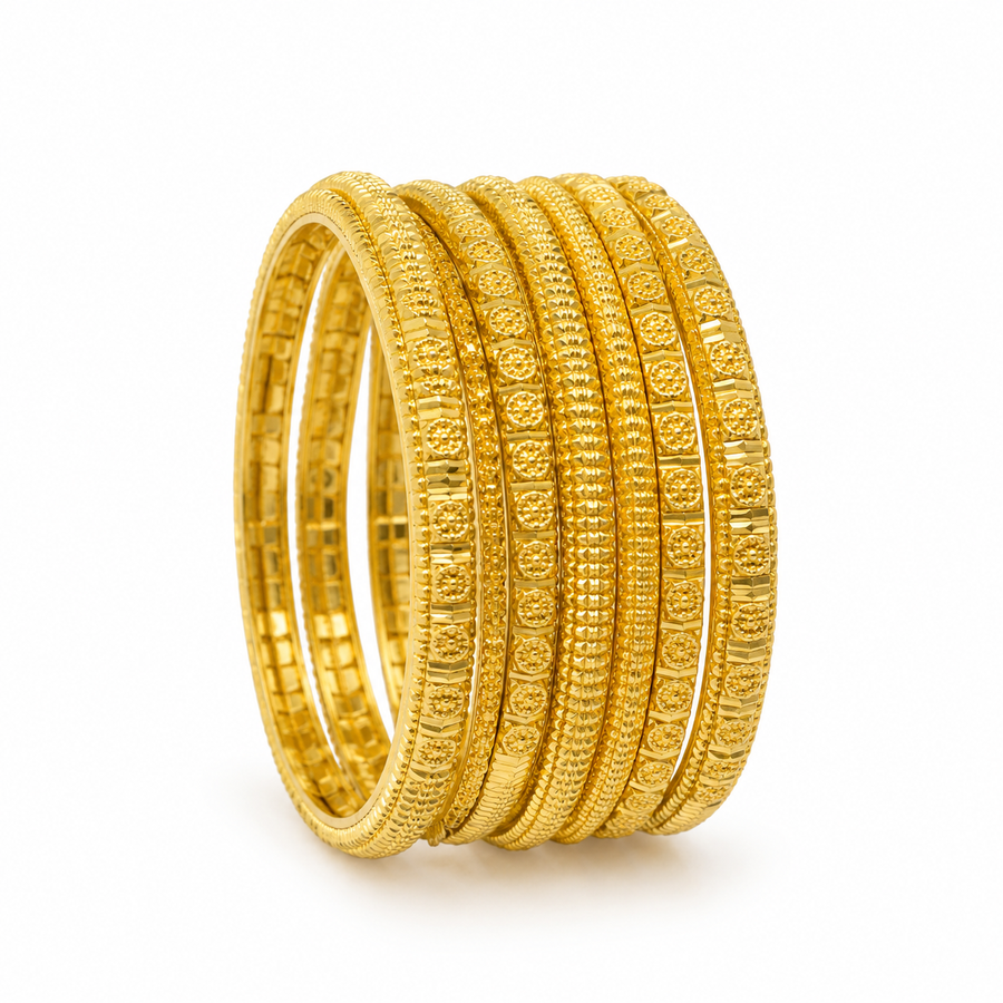 Royal Gold-Plated Embossed Pattern Bangle Set for Women (Pack of 6)
