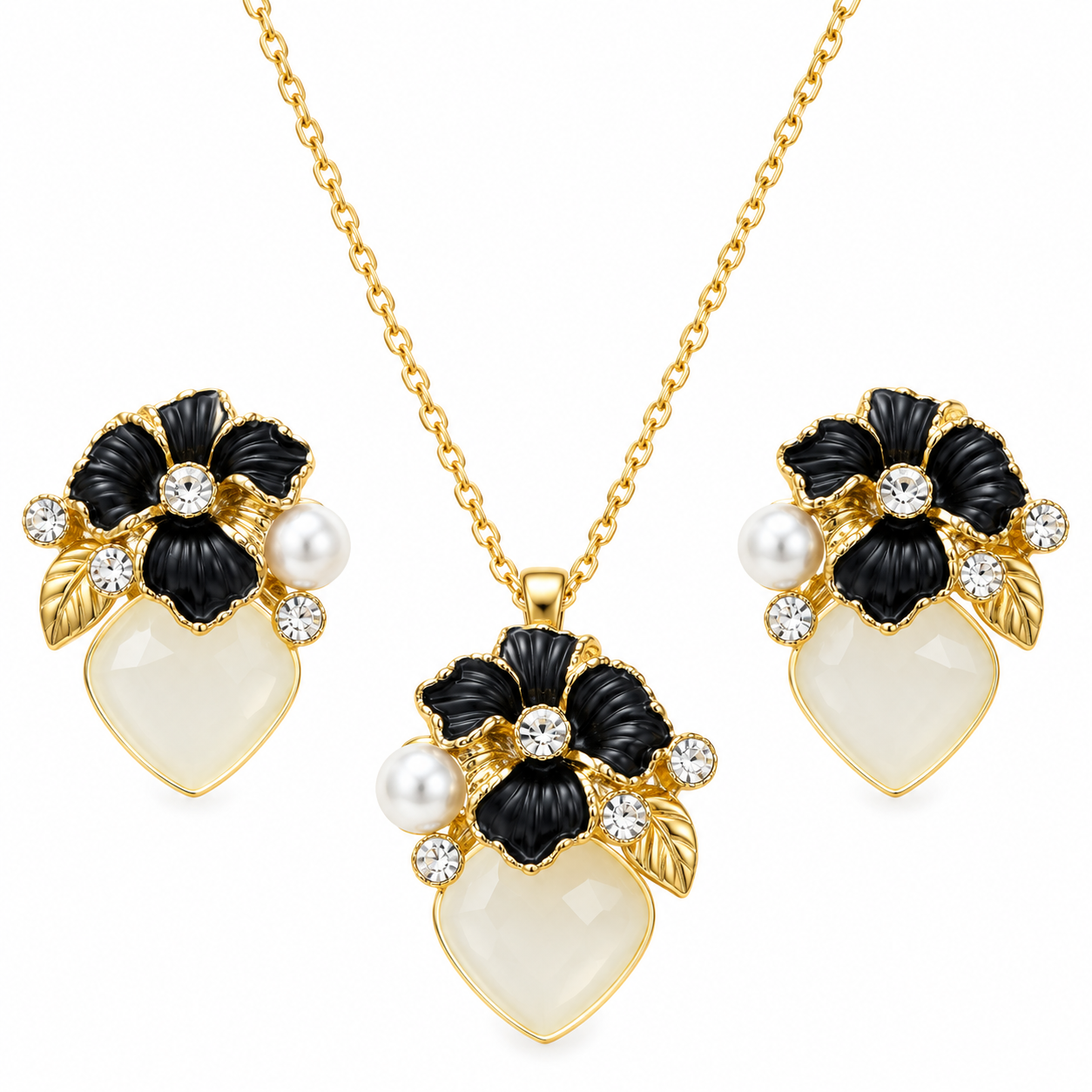 Black Flower Heart Pendant Jewelry Set – Necklace & Earrings