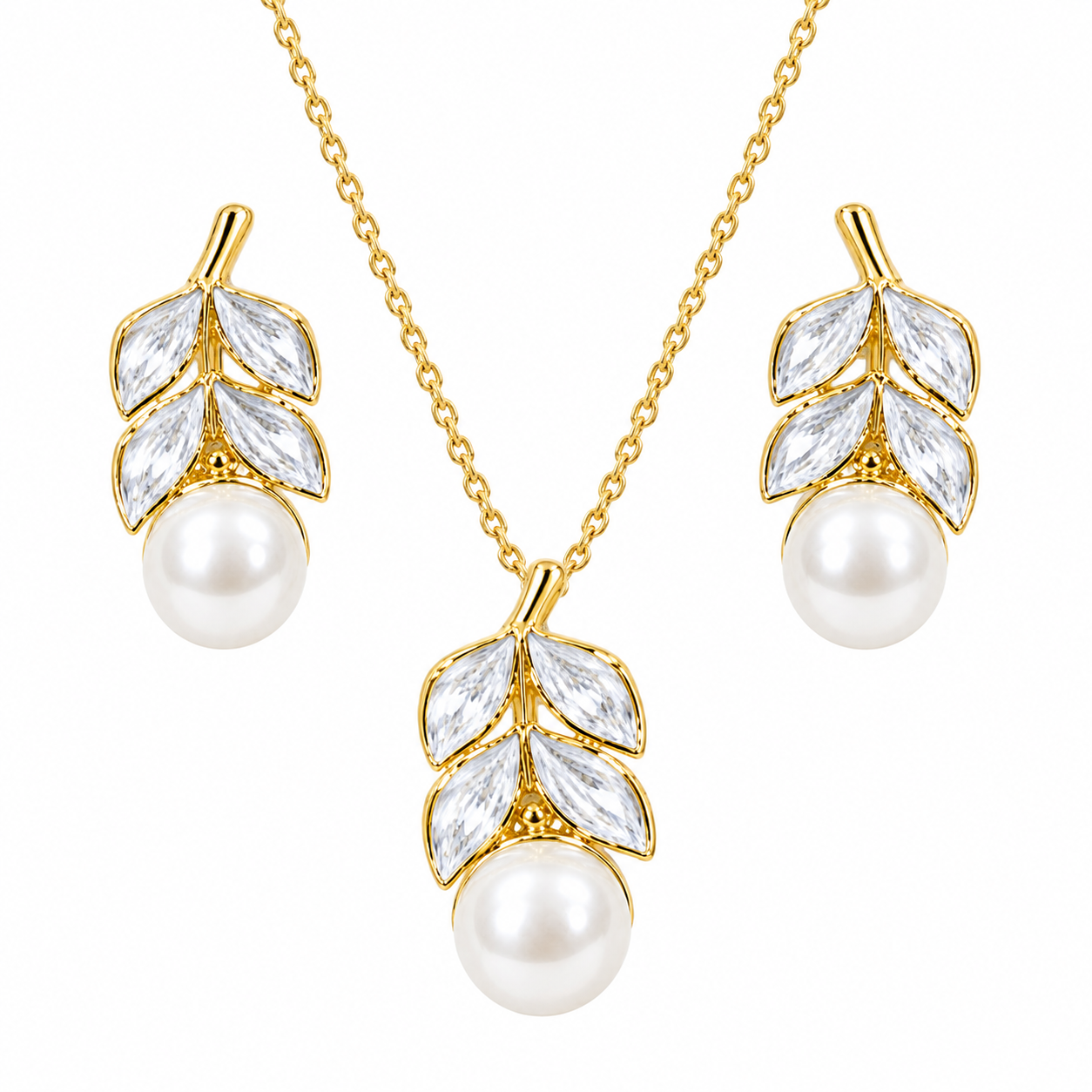 Crystal Leaf & Pearl Pendant Jewelry Set – Necklace & Earrings