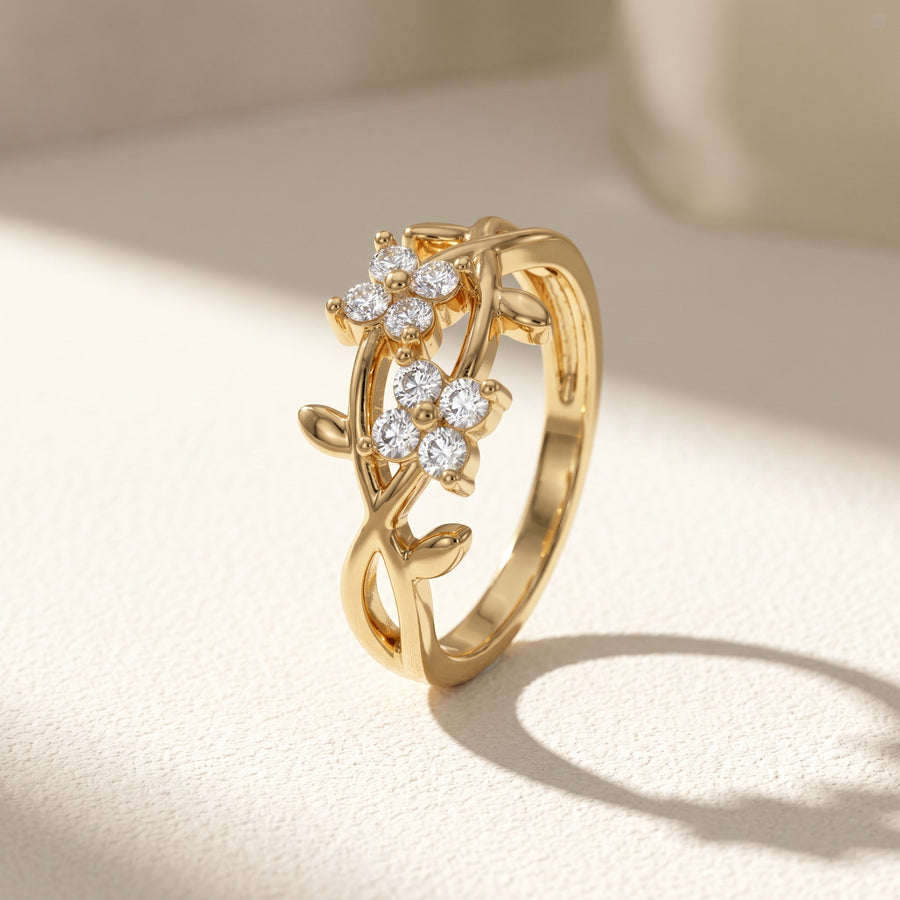 Elegant Floral Vine Yellow Gold Finish Crystal Ring for Women