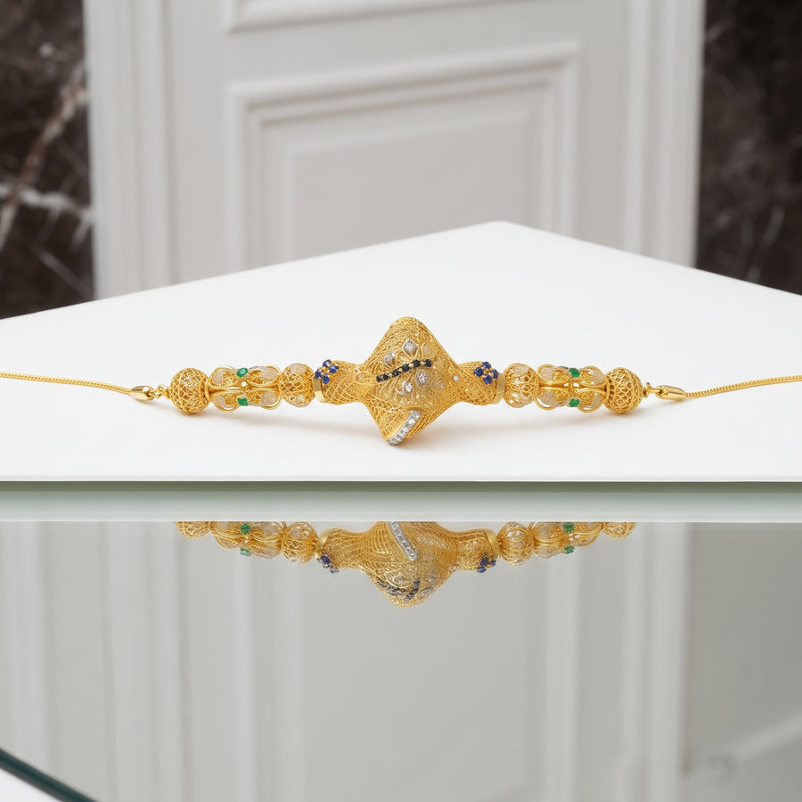 Royal Gold-Plated Filigree Bracelet with Multi-Color Stone Accents