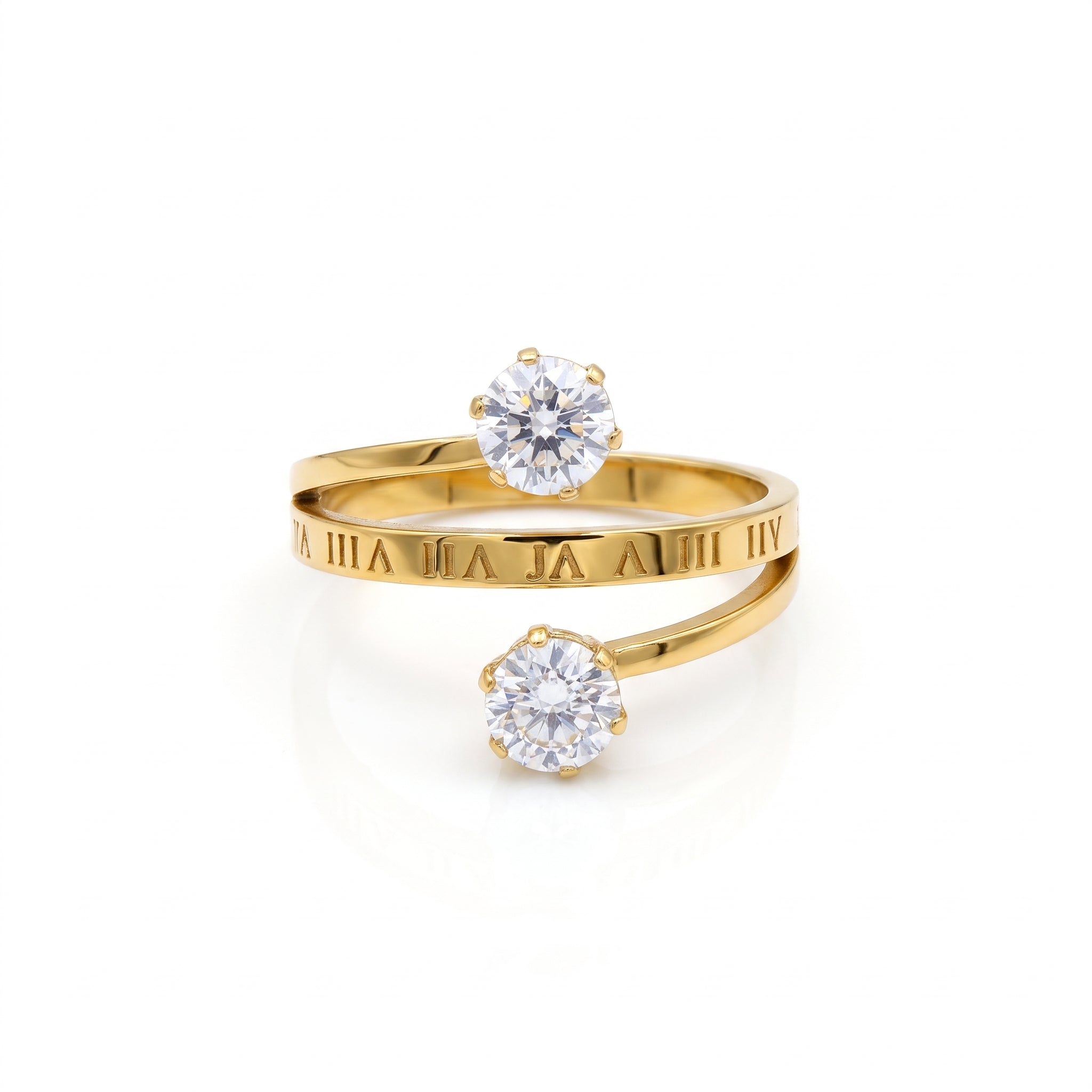Elegant Roman Numeral Two-Stone Gold Plated Ring for Women