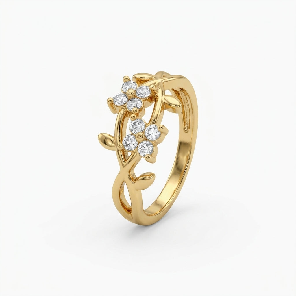 Elegant Floral Vine Yellow Gold Finish Crystal Ring for Women