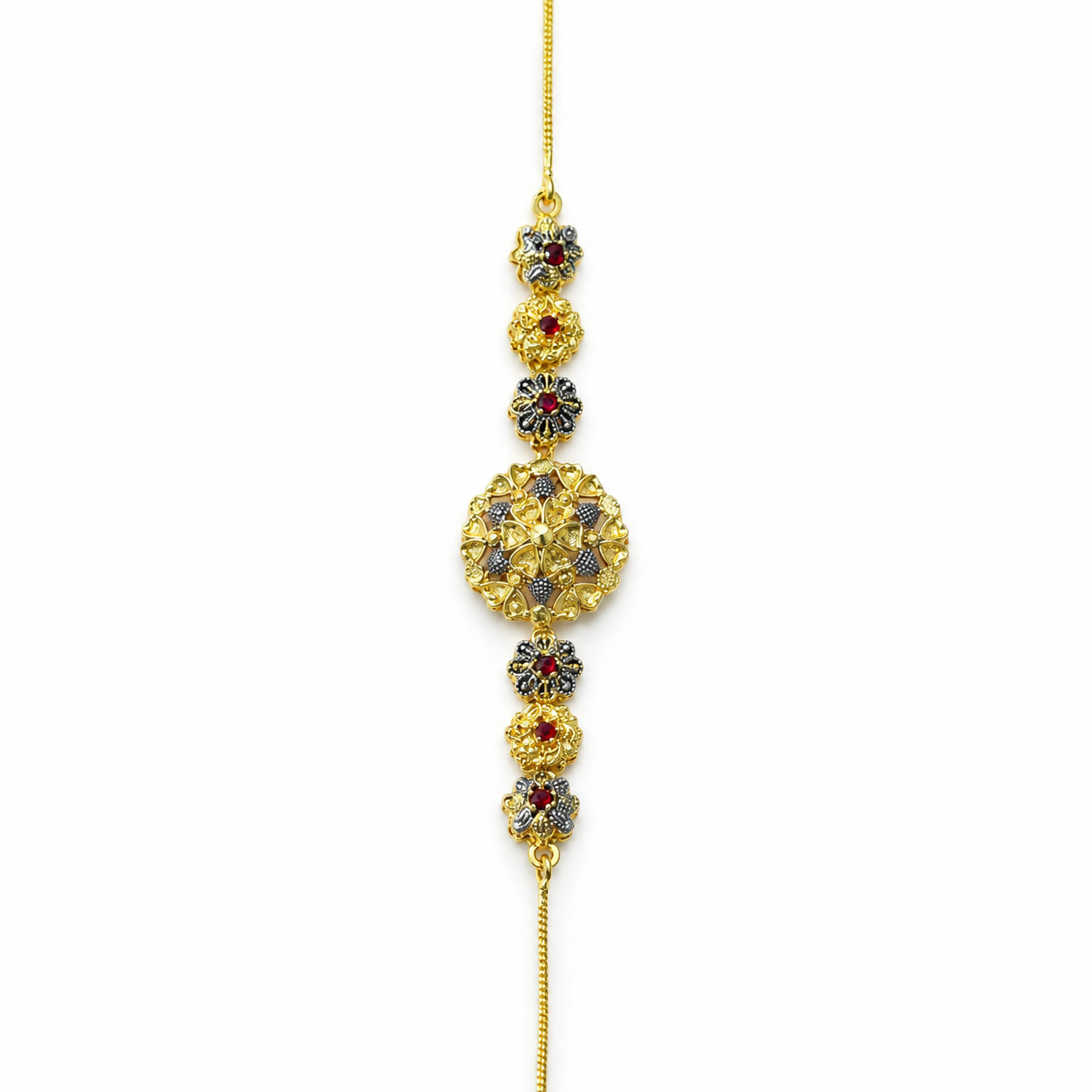 Royal Gold-Plated Ethnic Floral Bracelet with Red Stones